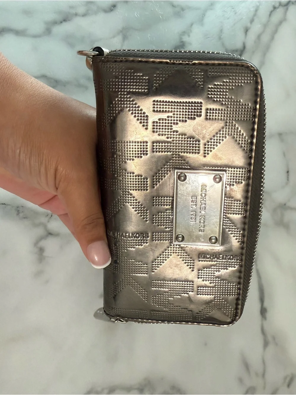 Michael Kors Metallic Brown Logo Zip Wristlet with Beige Strap